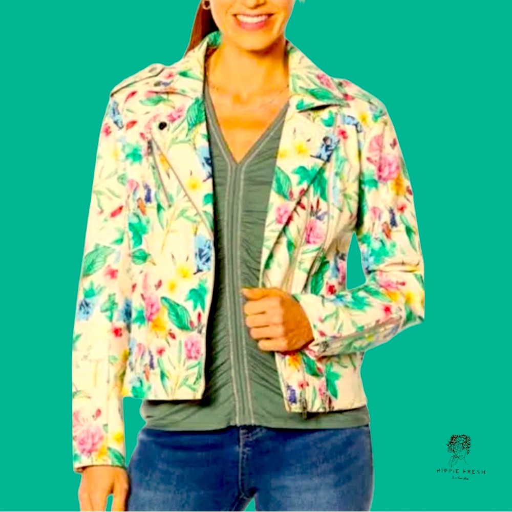Colleen Lopez Effortlessly Edgy Printed Faux Leather Moto Jacket Size L